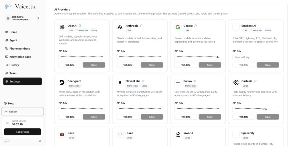Voicetta API keys settings screen with provider cards.
